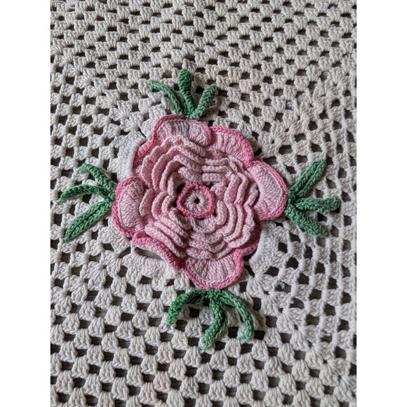 Handmade Crochet Square Tablecloth With Pink Rose Floral Centerpiece - Picture 2 of 5